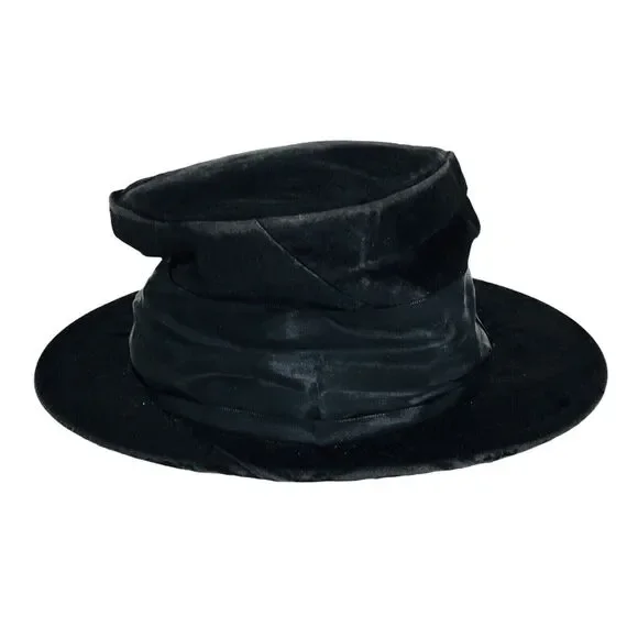 Antique Victorian Edwardian 1900s Black Velvet Wire Frame Slouchy Bow Top Hat